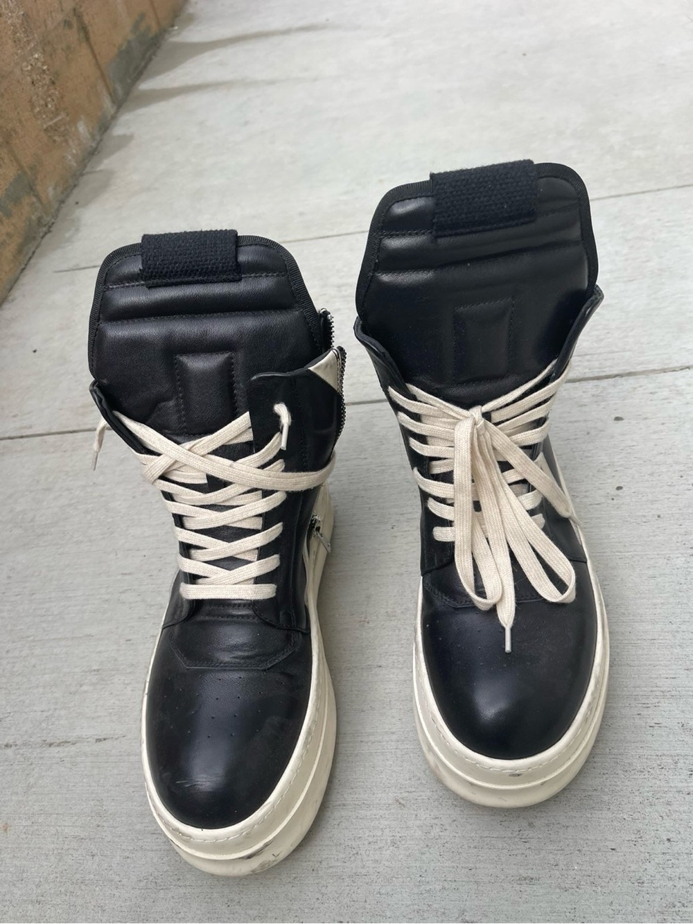 Rick Owens Black High-Top Boots with Cream Laces
